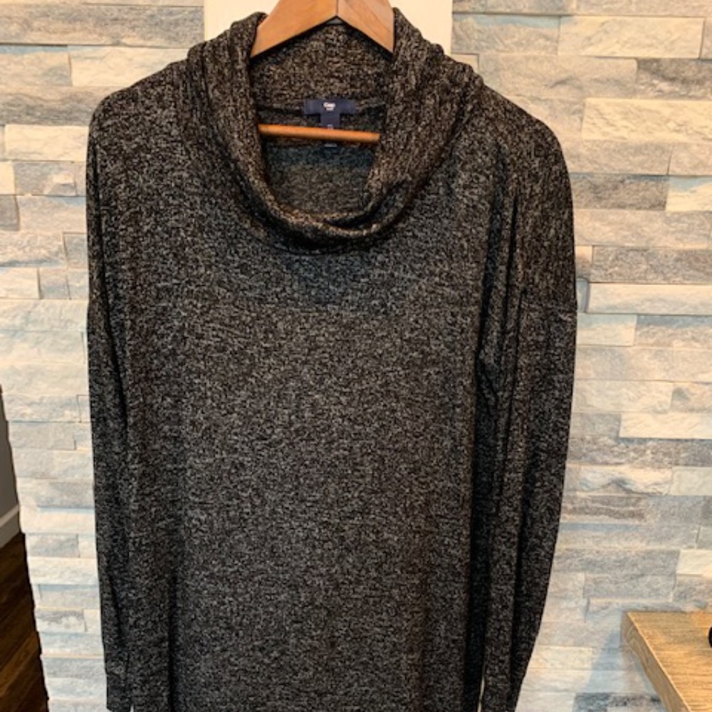 Gap black dress with white fleck. cowl neck. Polyester with spandex.